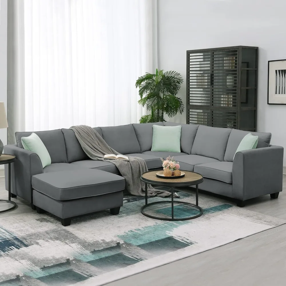 

Contemporary 7-Seat U-Shaped Fabric Sectional Sofa with Adjustable Ottoman and Corner Couch featuring 3 Pillows