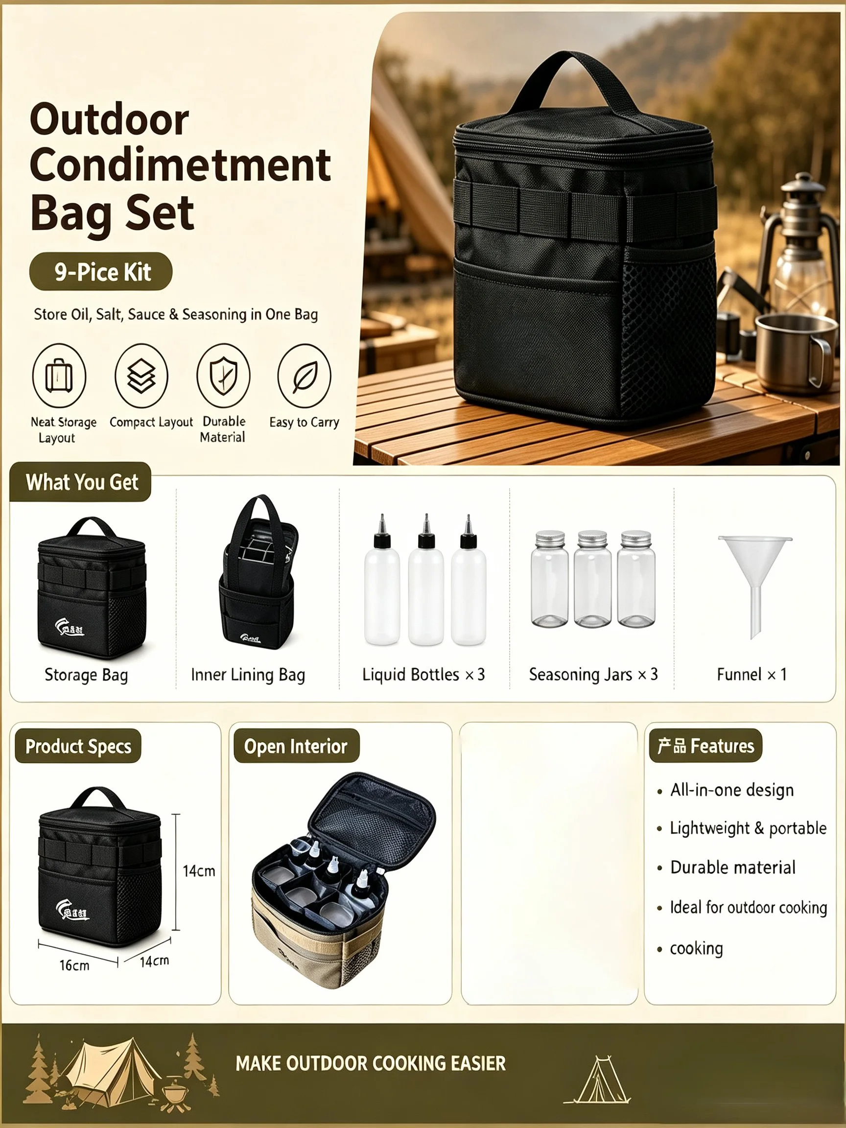 Outdoor Condiment Carry Bag Camping Cookware Storage Bag, Portable Camping Gear for Picnic & Outdoor Cooking