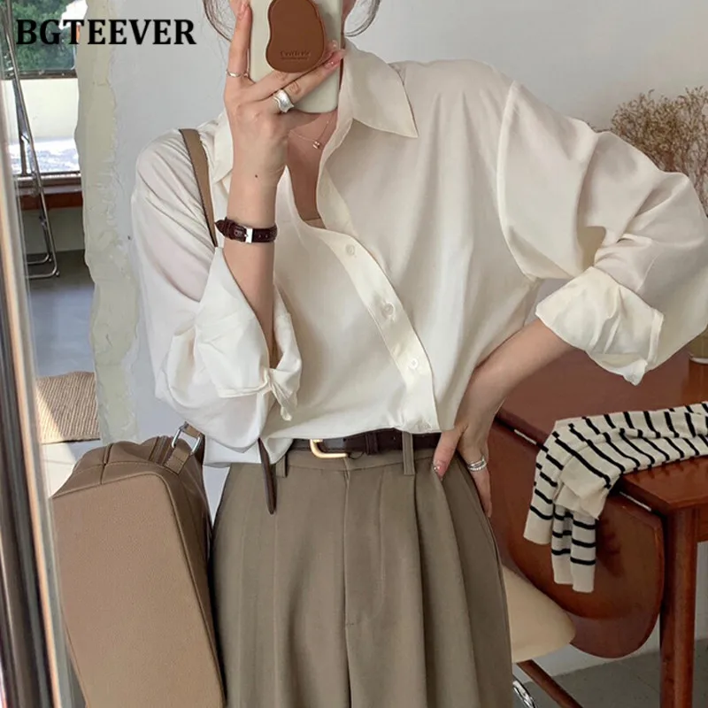 BGTEEVER Casual Lapel Single-breasted Women Shirts Autumn Long Sleeve Loose Female Solid Blouses Elegant Wome