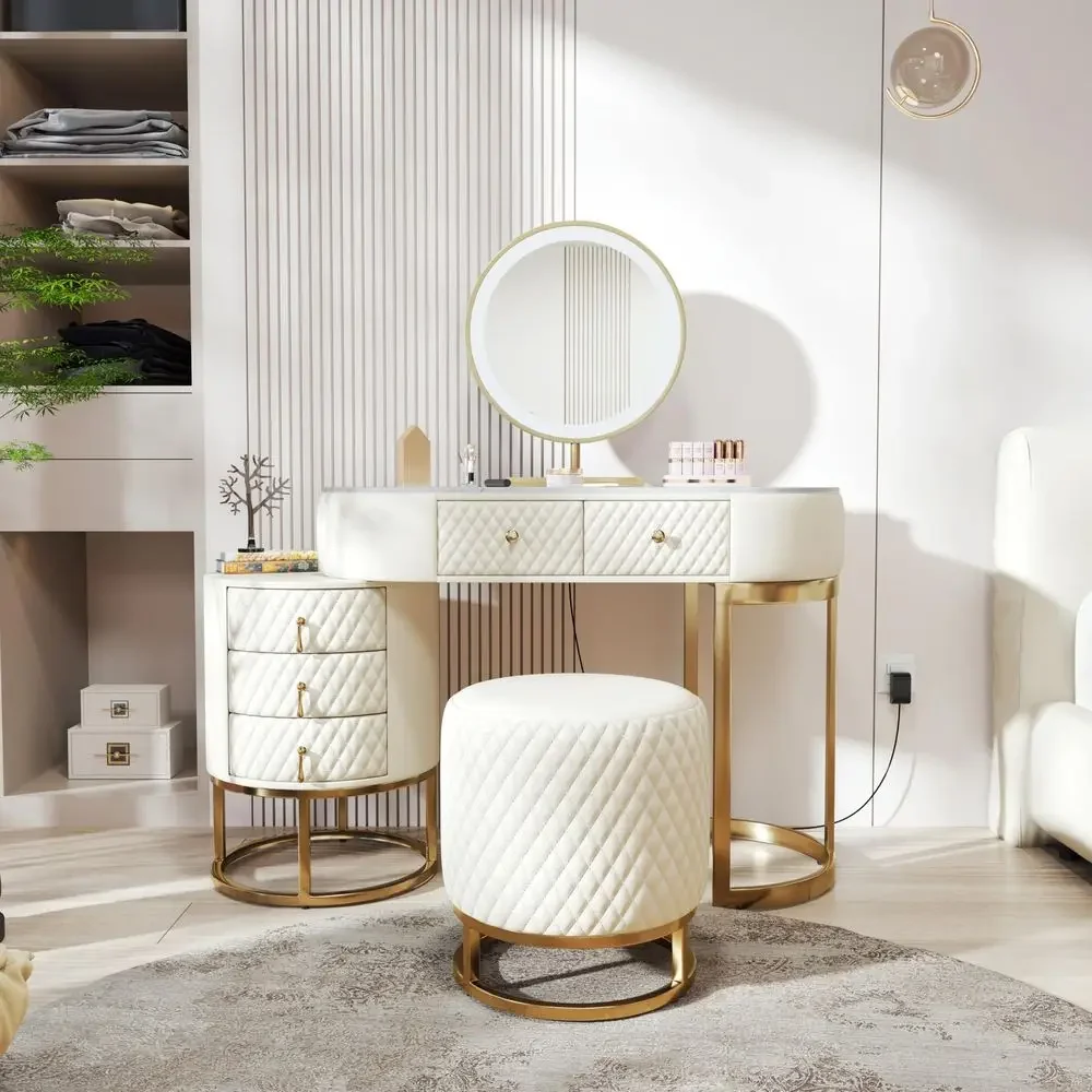 Faux Leather Makeup Vanity Desk with HD Mirror and 3 Colors Lights Mode, Movable Side Cabinet, Women Dressing Table with 5 Draw