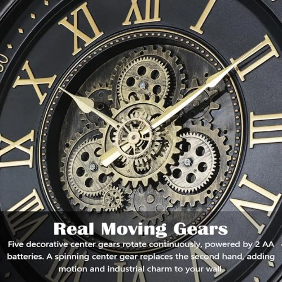 24IN Decorative Moving Gear Large Wall Clock for Modern Living Room Decor, Industrial Steampunk Gears, Carbon Black Metal, Over