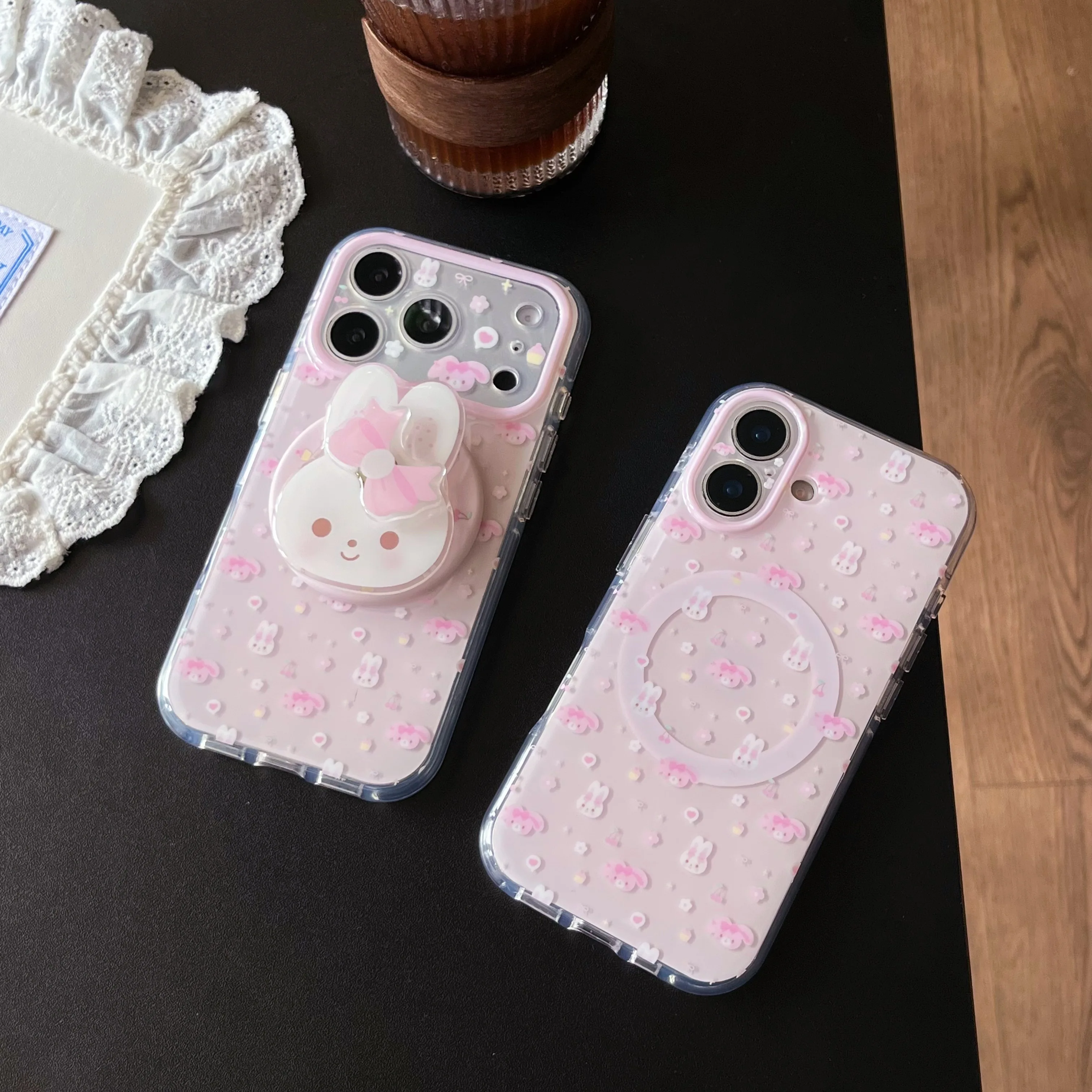 Kawaii Cartoon Bunny Pattern Magnetic Phone Cover For iPhone 17 Pro 16 15 Pro Max With Rabbit Stand Anti-drop Transparent Shell