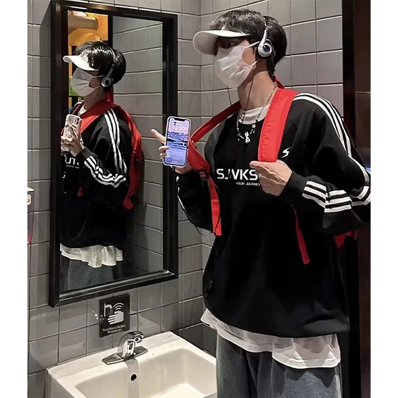 

Мужская толстовка большого размера с круглым вырезом, в американском стиле, в полоску, осенне-зимняя, повседневная, удобная, свободного кроя, с капюшоном