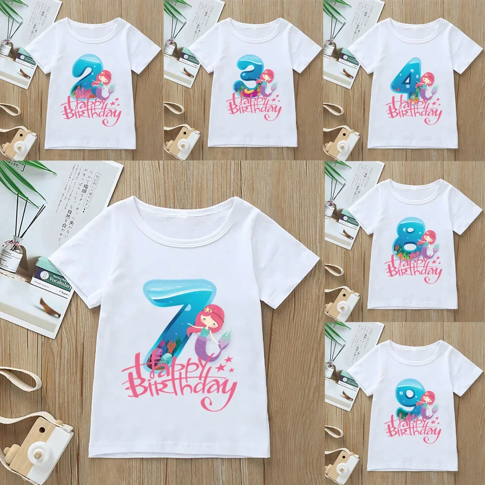 女の子のための女の子の絵が描かれたTシャツ,1〜9歳の誕生日のTシャツ,印刷された人魚,子供服,Tシャツファッション,カワイイ服