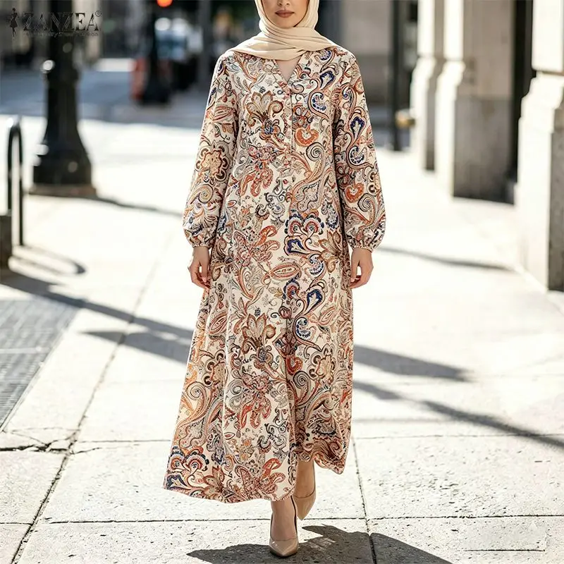 ZANZEA Women Vacation Paisley Print Maxi Dress Muslim Modest Hijabs V-Neck Long Lantern Sleeves Loose Abaya Islamic Robes Femme