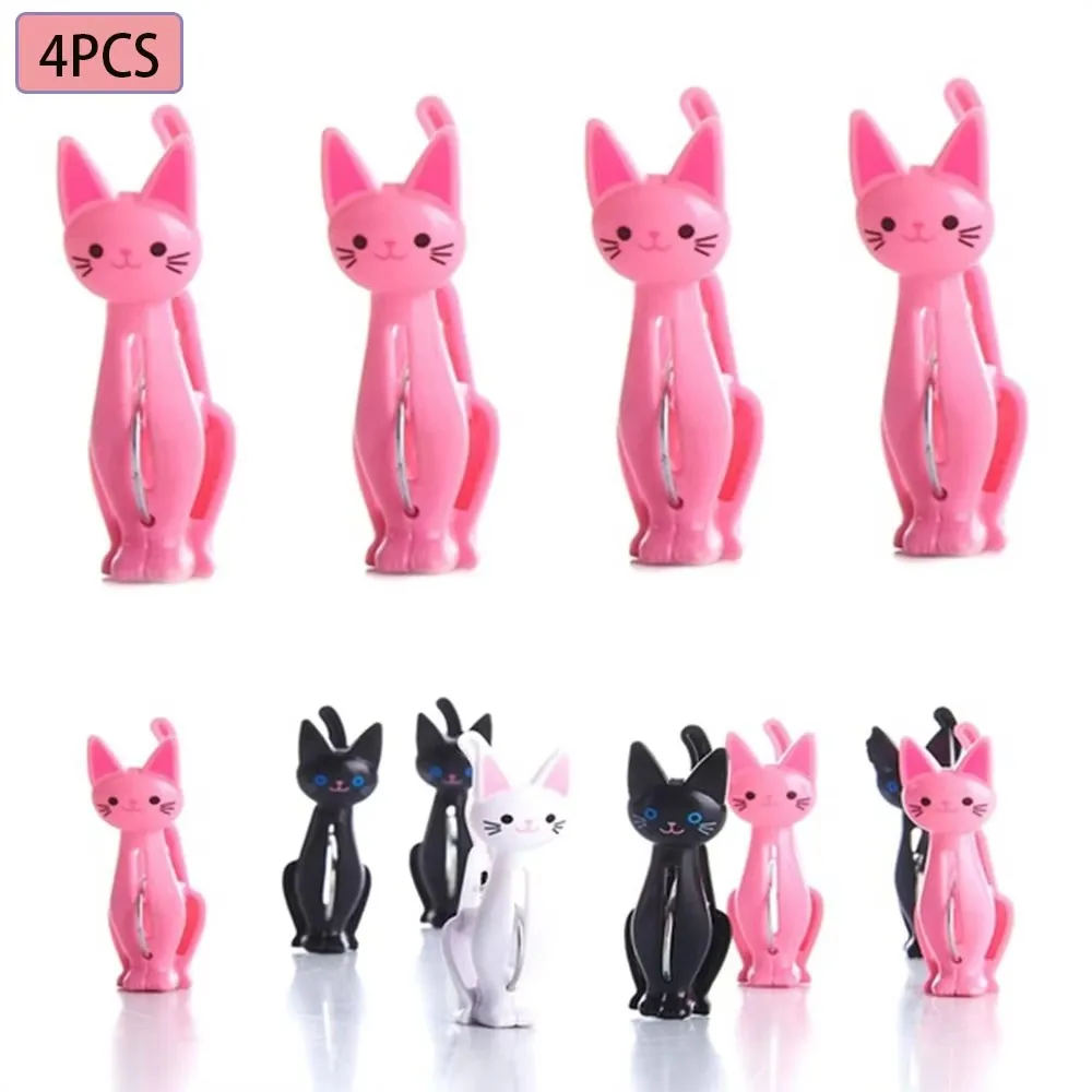 4Pcs Cute Cats Plastic Clothes Pegs Clothespins Cartoon Beach Towel Clips Bed Sheet Socks Windproof Laundry Pins