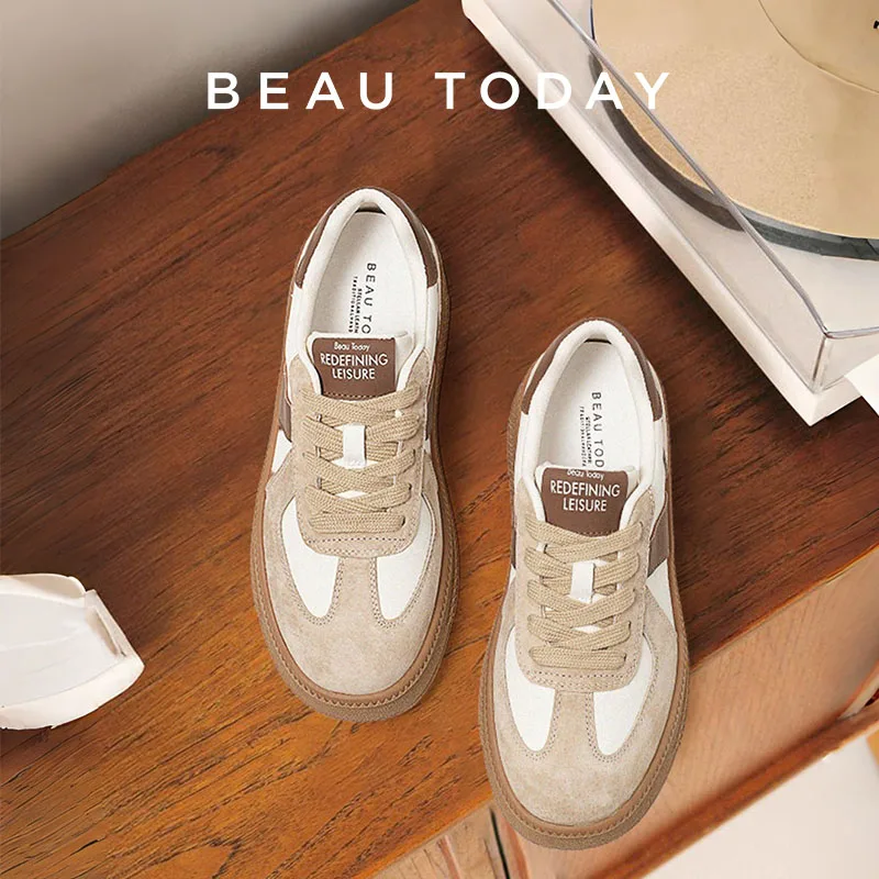 BEAUTODAY Casual Sneakers Women Suede Leather Sports Flats Mixed-colors Lace-up Round Toe Ladies Vulcanize Shoes Handmade 29864