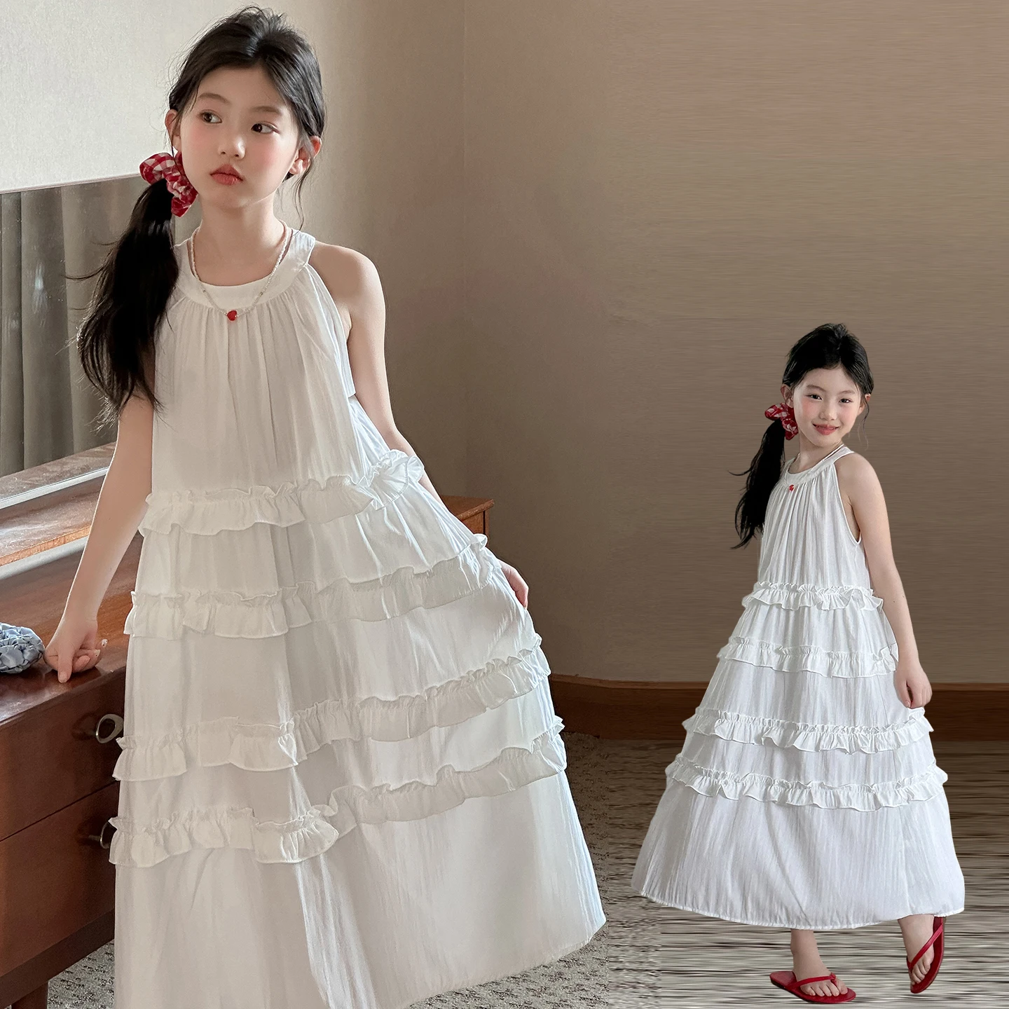 summer white teen girls dress 4 6 8 10 12 14 junior kids Lotus leaf edge neck hanging princess long dresses child clothes