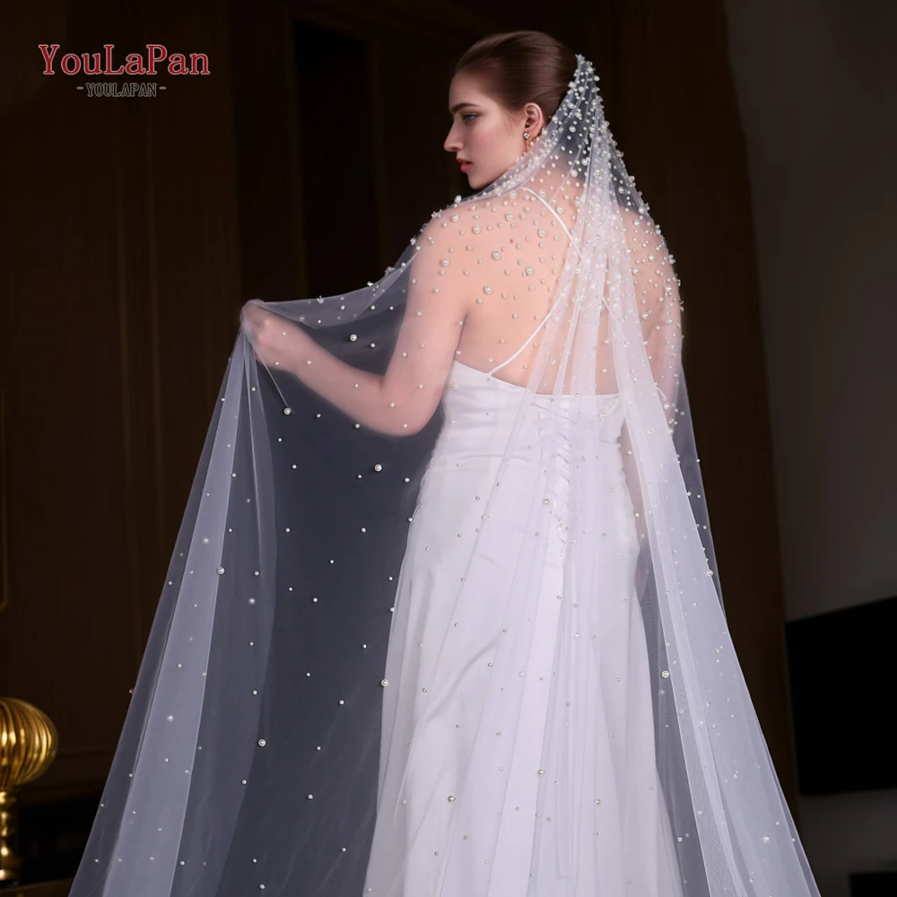 

YouLaPan V139 Luxury Cathedral Bridal Veil 1 Tier Long Wedding Pearl Veil with Different Size of Pearls Delicate Nail Bead Veu