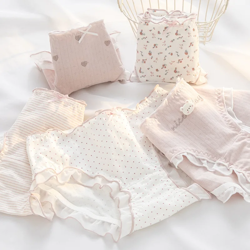 

Нижнее белье для молодых девушек, 6 шт./лот, хлопковые милые трусы со средней талией, студенческие трусики, детские трусики с цветочным розовым принтом для подростков, M-XL