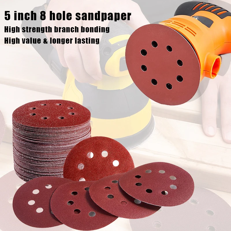 Hook and Loop Sandpaper 5 Inch 8 Hole Sanding Discs 10/20/50/100 pcs Grit Premium Aluminum Oxide for Random Orbital Sander