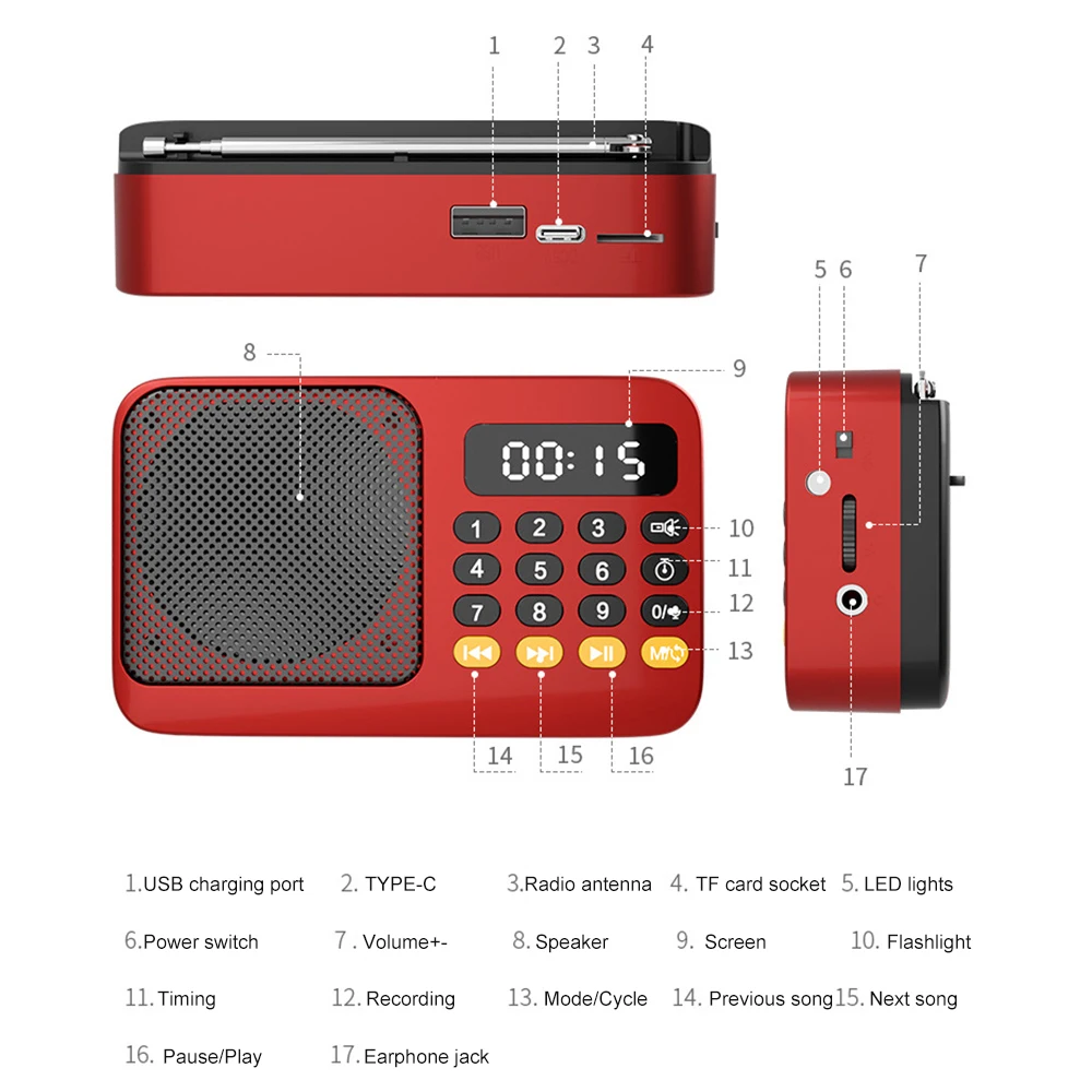 Bluetooth 5.0 Portable Radio Rechargeable Radio with Flashlight Wireless Bluetooth Speaker Support TF Expansion Recording Device