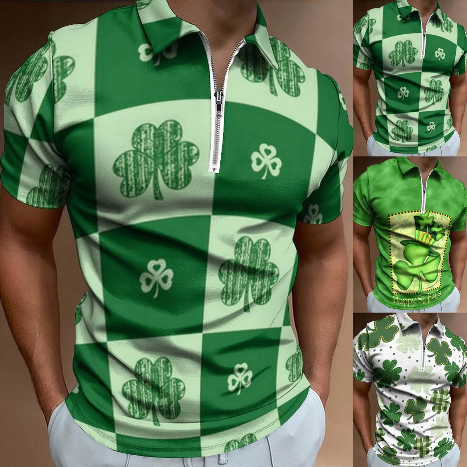 Men's T-shirt St-Patrick-Day Polo-shirt zipper lapel Green Irish-National-Day Clover Graphic Tops tee-shirt Short-Sleeve Chemise