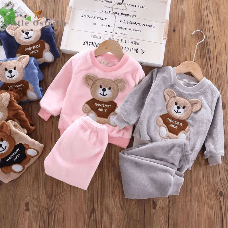 

Newborn Baby Girl Boy Fleece Pajamas Set Hoodie+Pant Flannel Child Clothes Set Warm Thick Pullover Homesuit Baby Clothes 9M-7Y