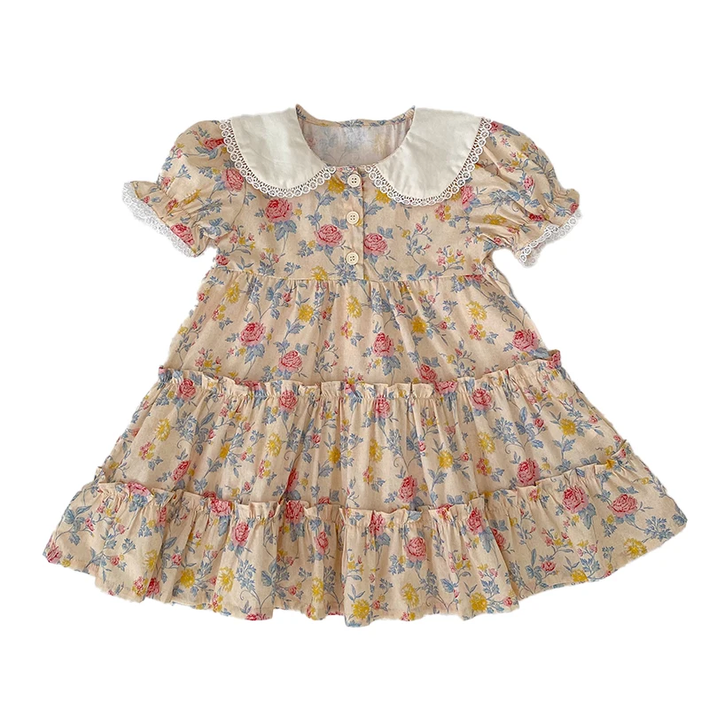 2026 Neues Mädchenkleid für den Sommer 2-6 Jahre Kurzarm-Kleid mit Blumenmuster Gerüschter Kragen Süßes Baumwollkleid – Detail 16