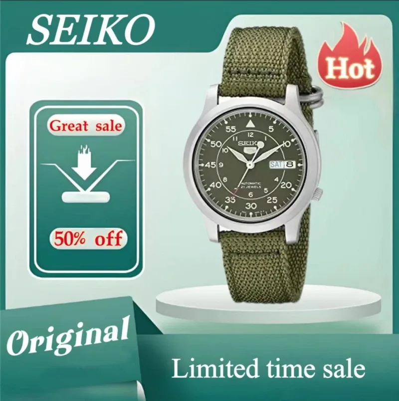 Original SEIKO Watch SNK805 Seiko 5 Series Watches for Men Stainless Steel with Green Canvas Watch Strap Luxuy Wristwatches