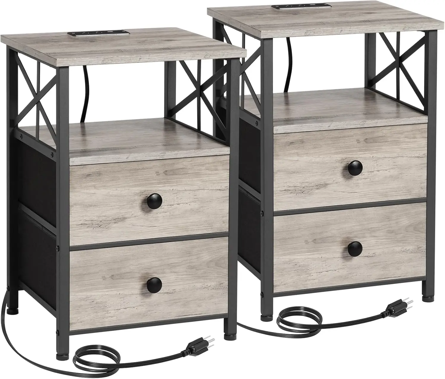 

Night Stand Set 2, Bedside Tables with Charging Station, USB Ports & Outlets, Fabric Drawers, Greige HET05XGY