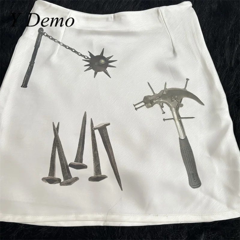Y Demo Punk Y2k Chains Sword Print Women Slim Elastic Mini Skirt Over Knee Skirts