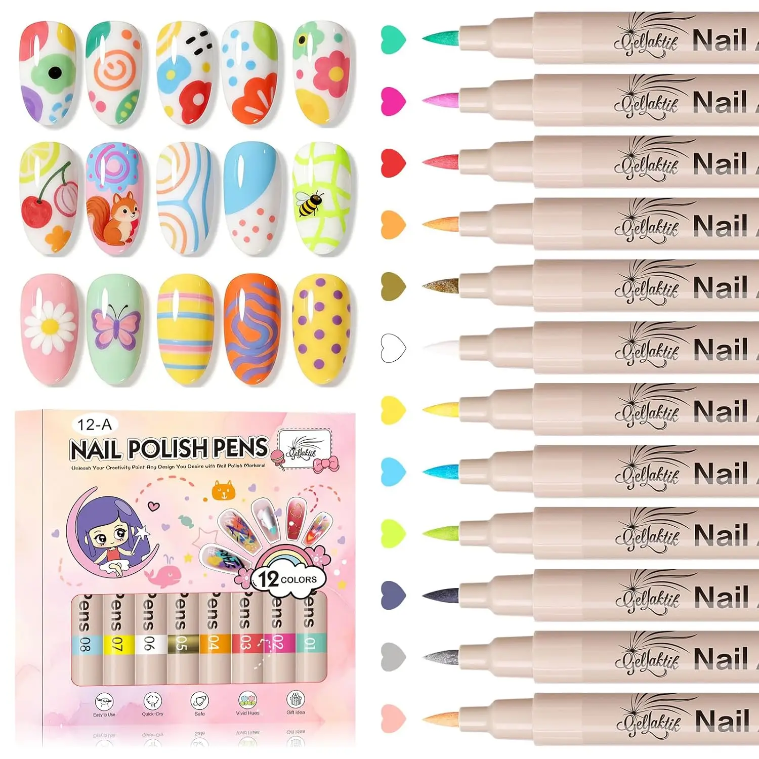 

12 Colors Nail Art Pens Set, Quick-Drying Acrylic Paint Markers with Dotting Liner Brush for DIY Nail Design and Salon Use