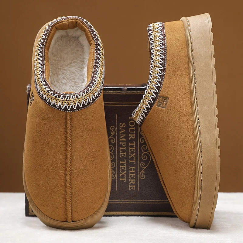 2024 Men\'s Fleece-fur Warm Thick Sole Slippers Sponge Sole Cotton Shoes Winter Without Heel Men\'s Leisure Cotton Shoes