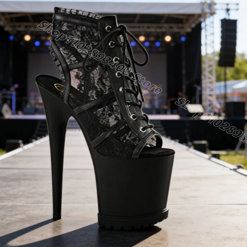 Black Air Mesh Lace Slingback Sandals Platform Open Toe Stiletto Performance Women Dancing Sandal Boots Zapatos Para Mujere