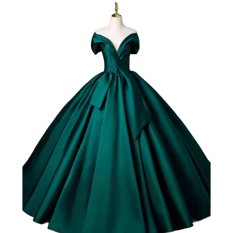 Customized Real Picure Emerald Green Prom Birthday Party Dresses V Neck Satin Puffy Skirt Long Vestido De Anos Quinceanera Gown