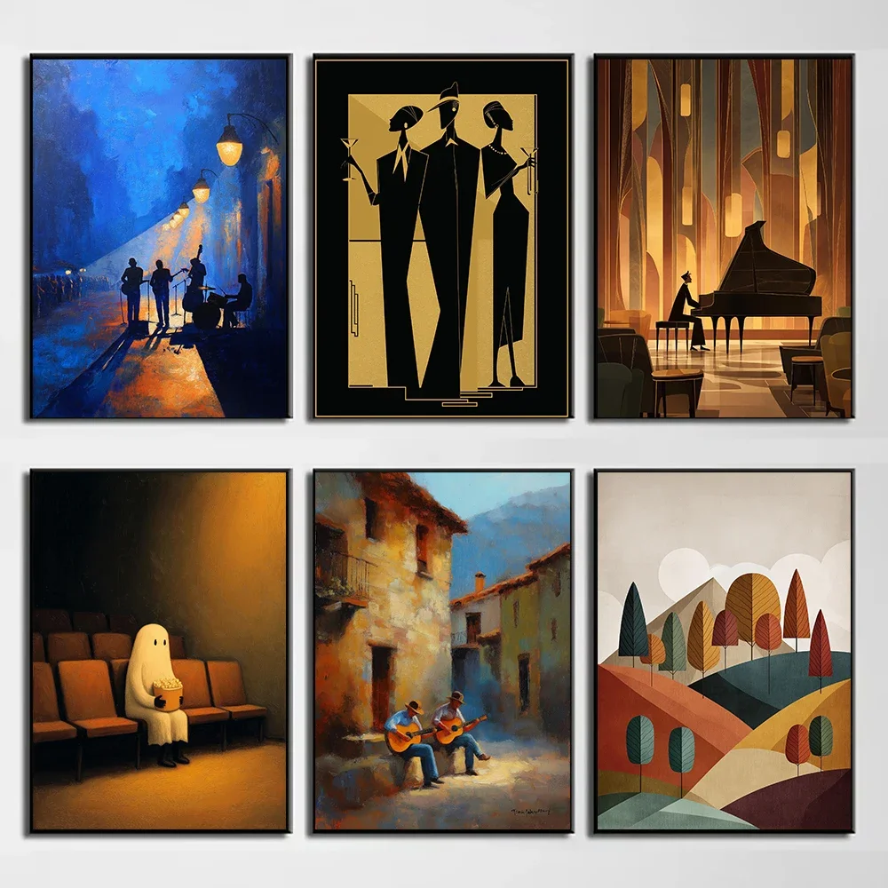 Frameless Canvas PaintingJazz Street Scene Melancholy Blues City Tropical Medieval Music Canvas Painting Wall Art Poster Picture