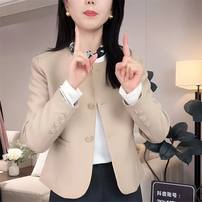 Spring Autumn Small Fragrance Style Coat Fashion Round Neck Suit Coat Women Short Slim Collarless Pink Black Khaki Suit Jacket