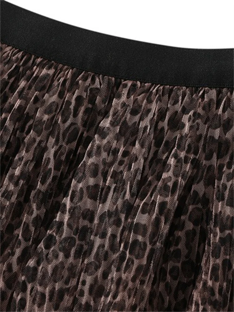 2025 Elegant Ruffle Patchwork Tulle Long Skirt for Women Leopard Print Romantic A Line High Waist Tiered Mesh Midi Skirt Female