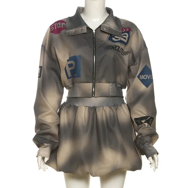 Women Tie Dye 2 Piece Sets Women Hipster Letter Print Lapel Full Sleeve Zip Crop Jacket and Puffy Skirt Matching Y2K Streetwear
