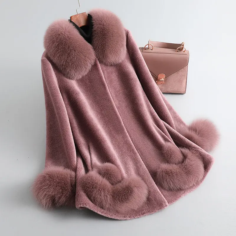 Cashmere coat for middle-aged and elderly mothers, medium-length fur coat, granular wool fox collar, fur integrated