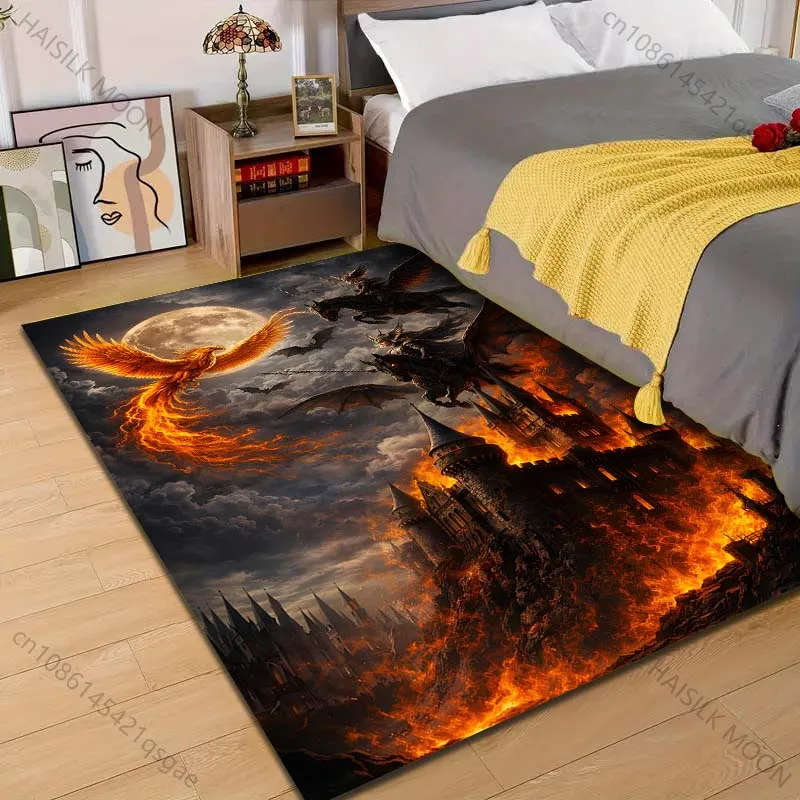 1PC Fiery castle with knights and dragons Print Carpet Rug for Living Room Bedroom Sofa Doormat Home Decor Non-slip Floor Mat