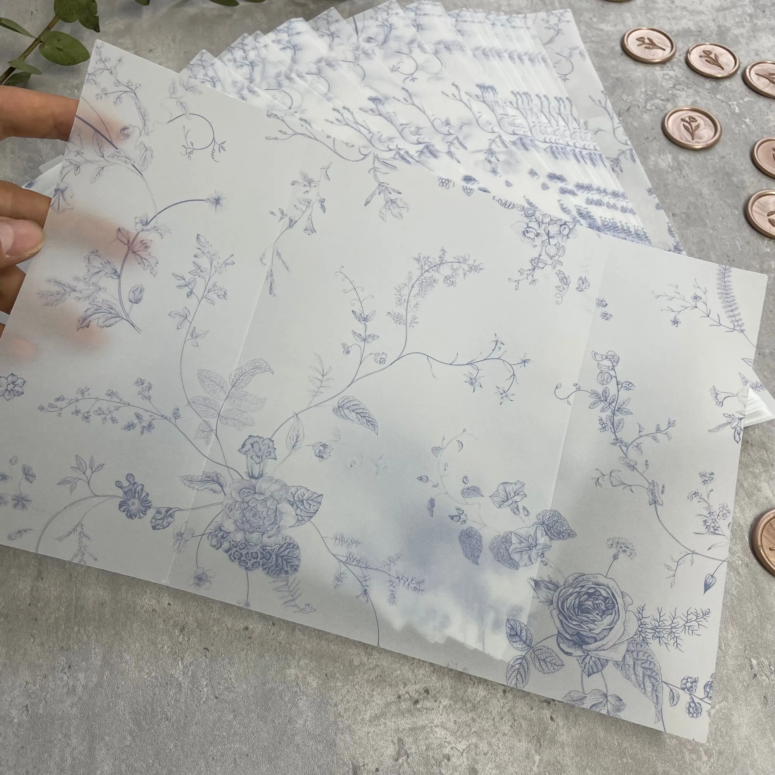 5*7in Blue Floral Vellum Wrap for Wedding invitations.50/100pcs