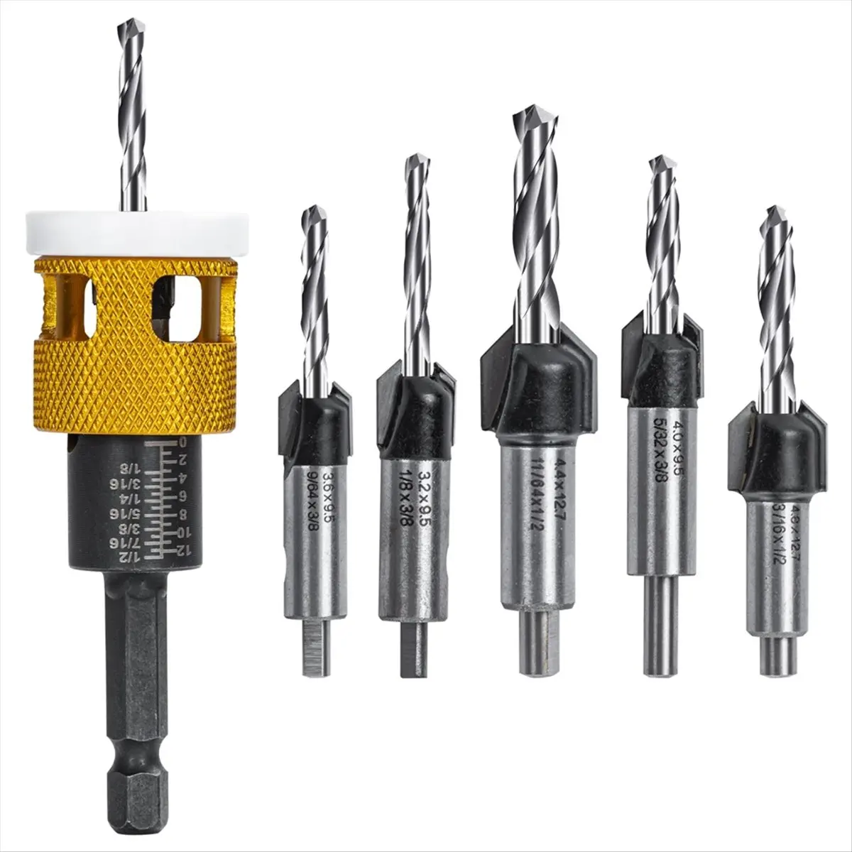 A75K 5 Pcs Countersink Drill Bit Set: Replaceable HSS M2 Tapered Bits - 82° Counter Bore with Adjustable Depth Stop