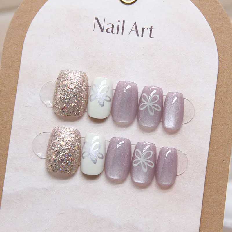 10Pcs Women Handmade Press On Nails Full Cover Flowers Design French Short Ballerina False Nails Wearable Manicure Nail Tips