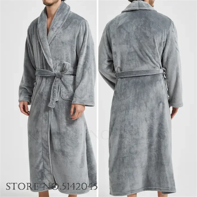 Men\'s Coral Fleece Long Bathrobe Gown Sleepwear Winter Thick Flannel Robe Lounge Wear Loose Home Clothes Nightwear with Pocket