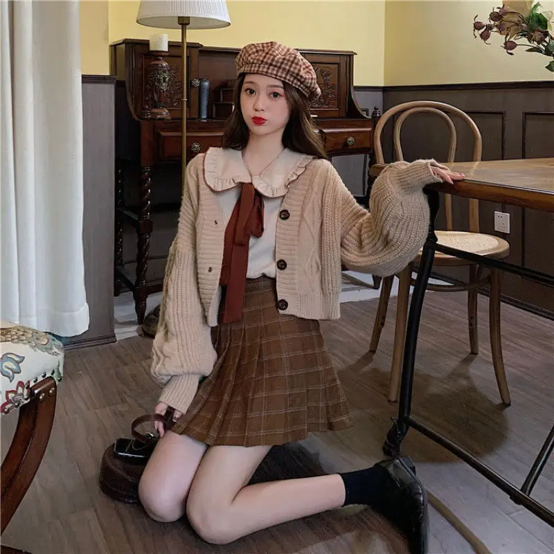 New Autumn Winter Student Clothing Set Korean Women\'s Preppy Style Knit Jacket Peter Pan Collar Shirt Plaid Mini Skirt Outfits