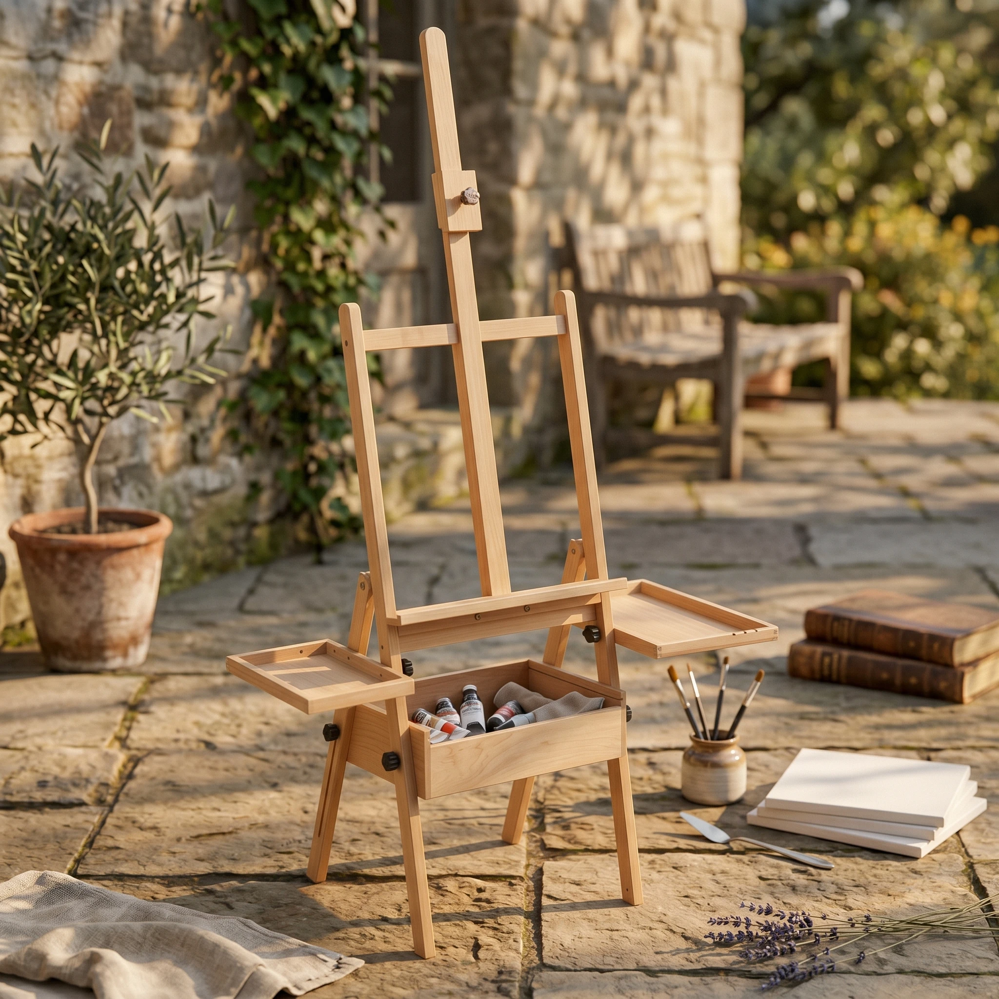 chevalet-d'artiste-pliable-avec-plateaux-lateraux-plateau-de-rangement-support-d'exposition-finition-bois-naturel