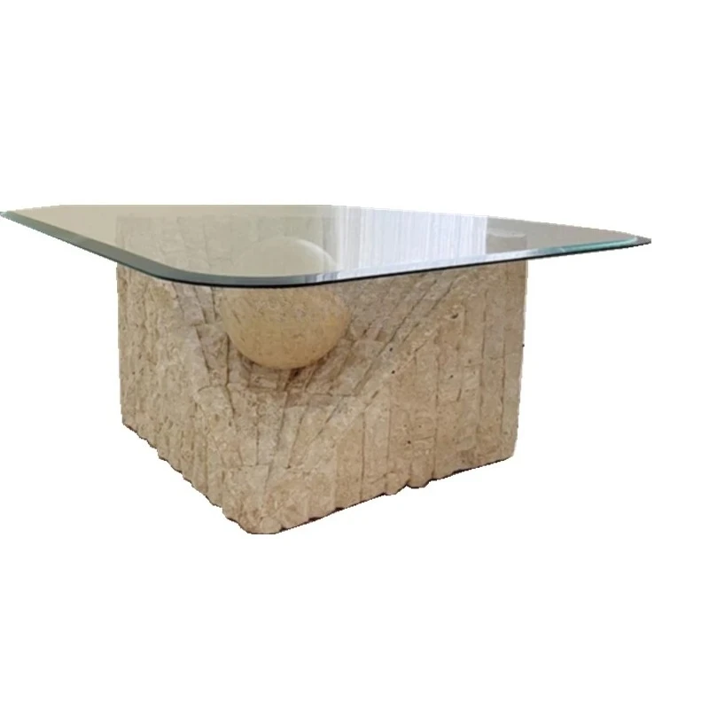 

Designer Nordic natural travertine broken coffee table, living room creative fan-shaped glass coffee table small apartment