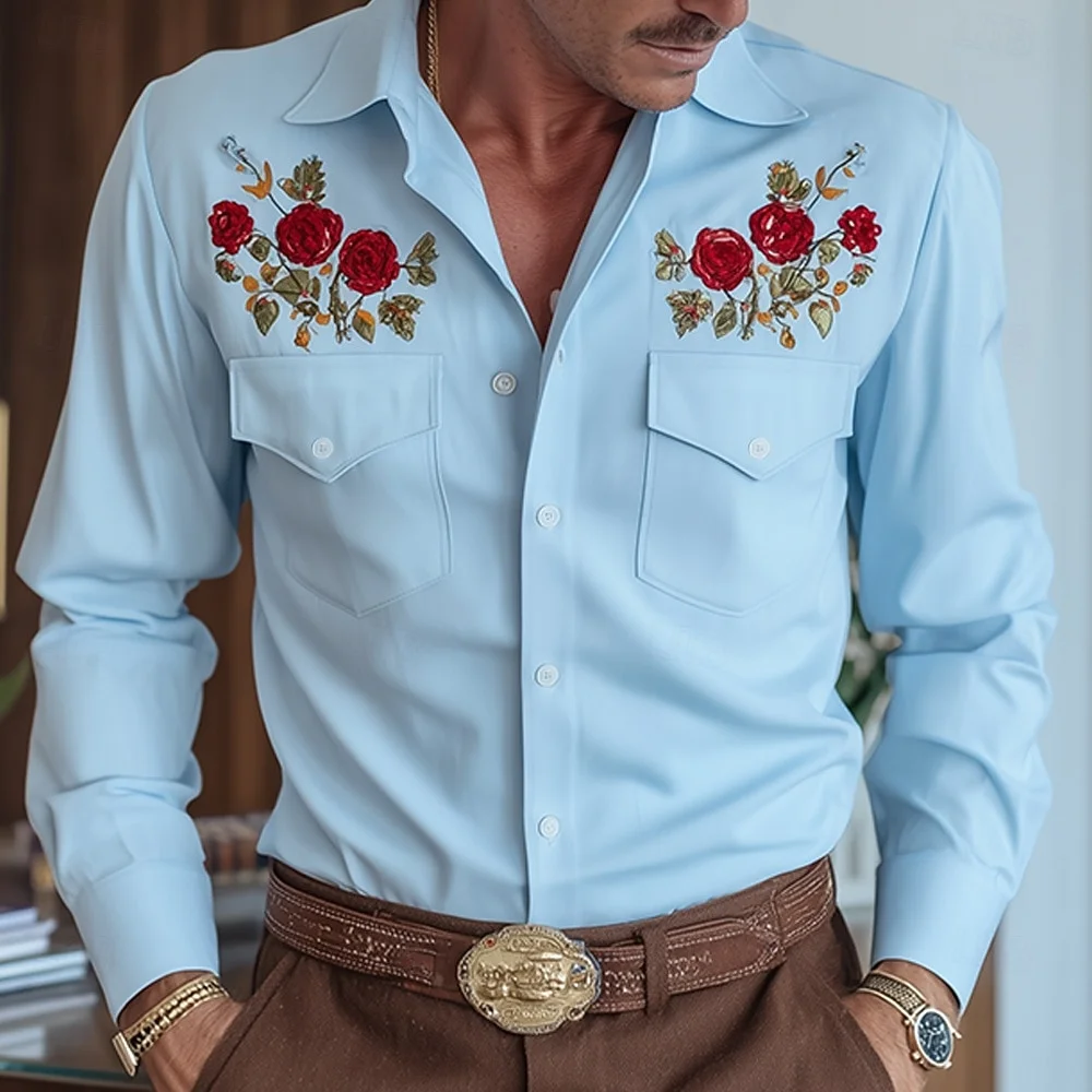 

Мужская повседневная спортивная уличная рубашка на пуговицах с длинными рукавами и лацканами в западном этническом стиле, повседневная одежда и повседневная одежда с лацканами