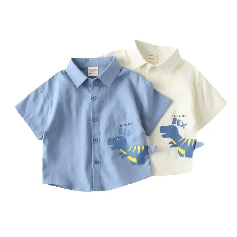 New Summer Boys Shirt Children Short Sleeve Button A Line Collar Simple Shirt Pocket Decoration Casual 2-8 Years