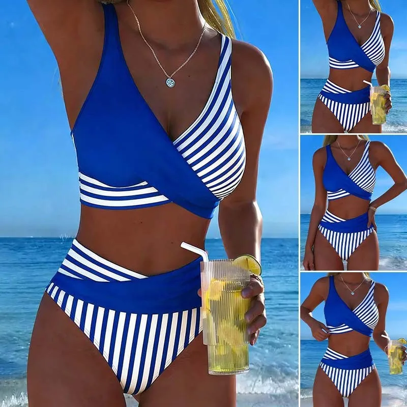 Women Color Block Stripe Twist Wrap Bikini Set V Neck Sleeveless High Waist Cross Front Tummy Control 2 Piece Beach Bathing Suit