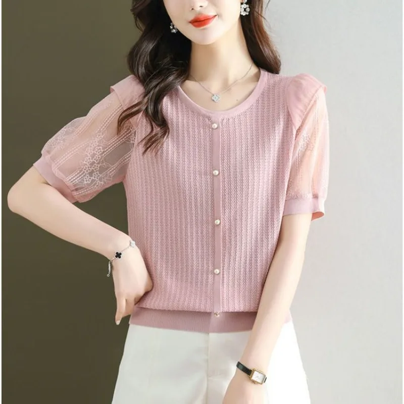 

Simplicity Fashion Summer T-Shirts Thin Style Women's O-Neck Solid Hollow Out Button Gauze Elegant Loose Short Sleeve Knit Tops