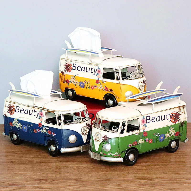 

Retro Flower Bus Model Figurines Tissue Box Car Dustproof Iron Storage For Office Home Decoration Art Crafts