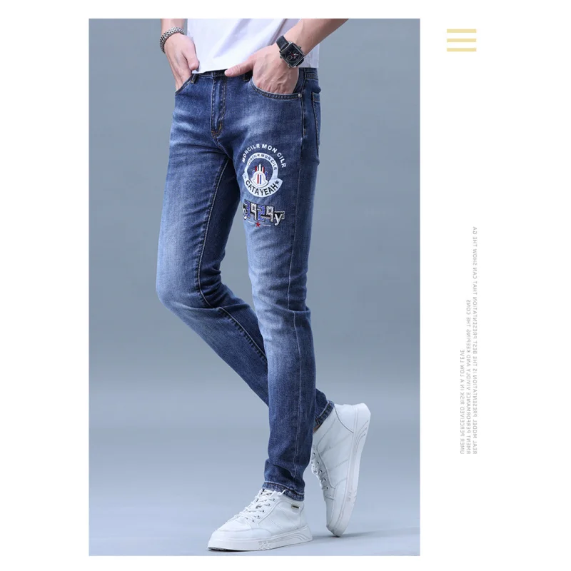 2024Spring and Summer Men\'s Embroidered Stretch Skinny Jeans Men\'s Light Luxury Casual Trend Men\'s Long Pants