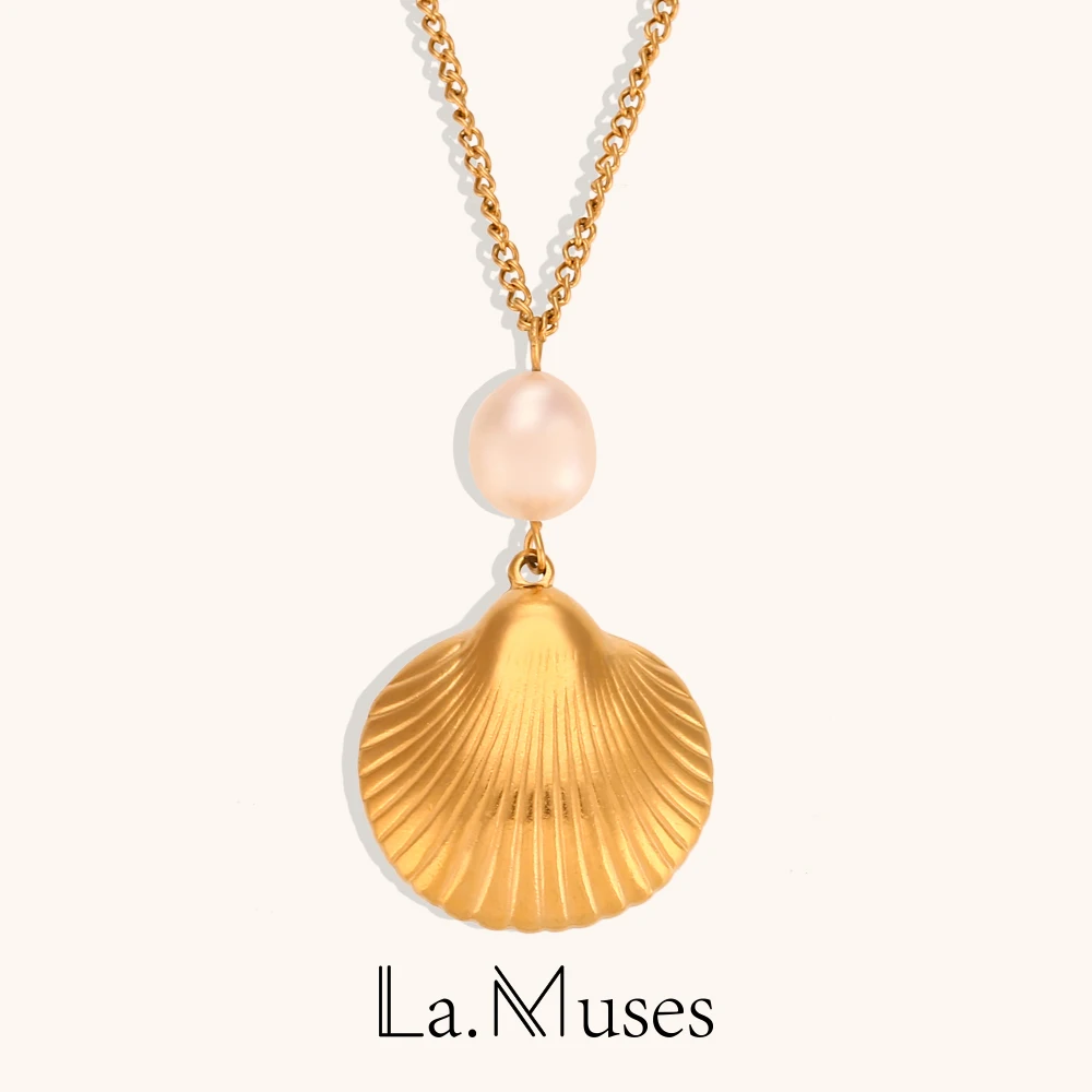 La.Muses Cute Freshwater Pearl Shell Pendant Necklace For Women Stainless Steel Jewelry On The Neck Lovely Shell Women Earrings