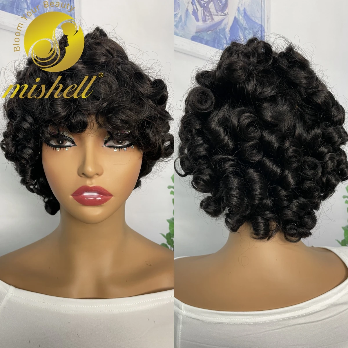 

Full Machine Made Wigs 200% Density Short Bouncy Curly Human Hair Wig with Bangs Bouncy Afro Curly Wigs Brazilian Remy Hair Wigs