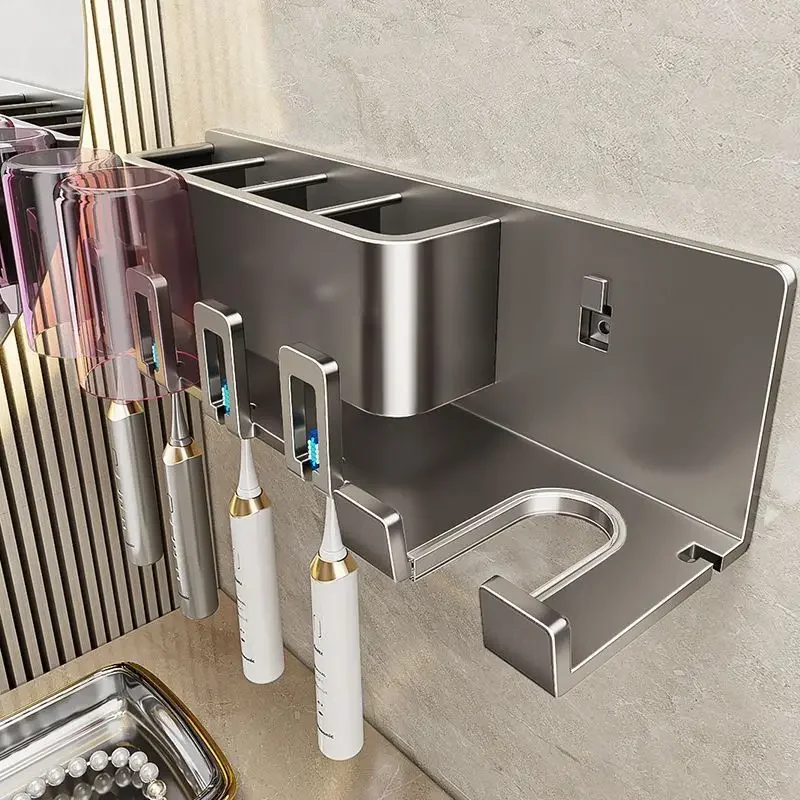 Punch Free Electric Toothbrush Holder Toothpaste Cup Wall Mounted Punch-Free Bracket Storage Hook Hair Dryer Rack