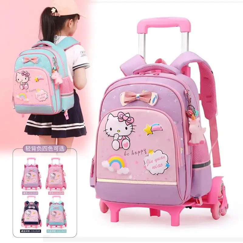 

Anime Hello Kittys Trolley School Bag Student Rolling Backpack with Wheels Large Capacity Portable Waterproof Wearable Girl Gift