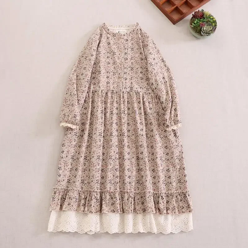 

Foreign trade Japanese Mori girl sweet floral long-sleeved large-size women's dress, loose and versatile lace slim long dress